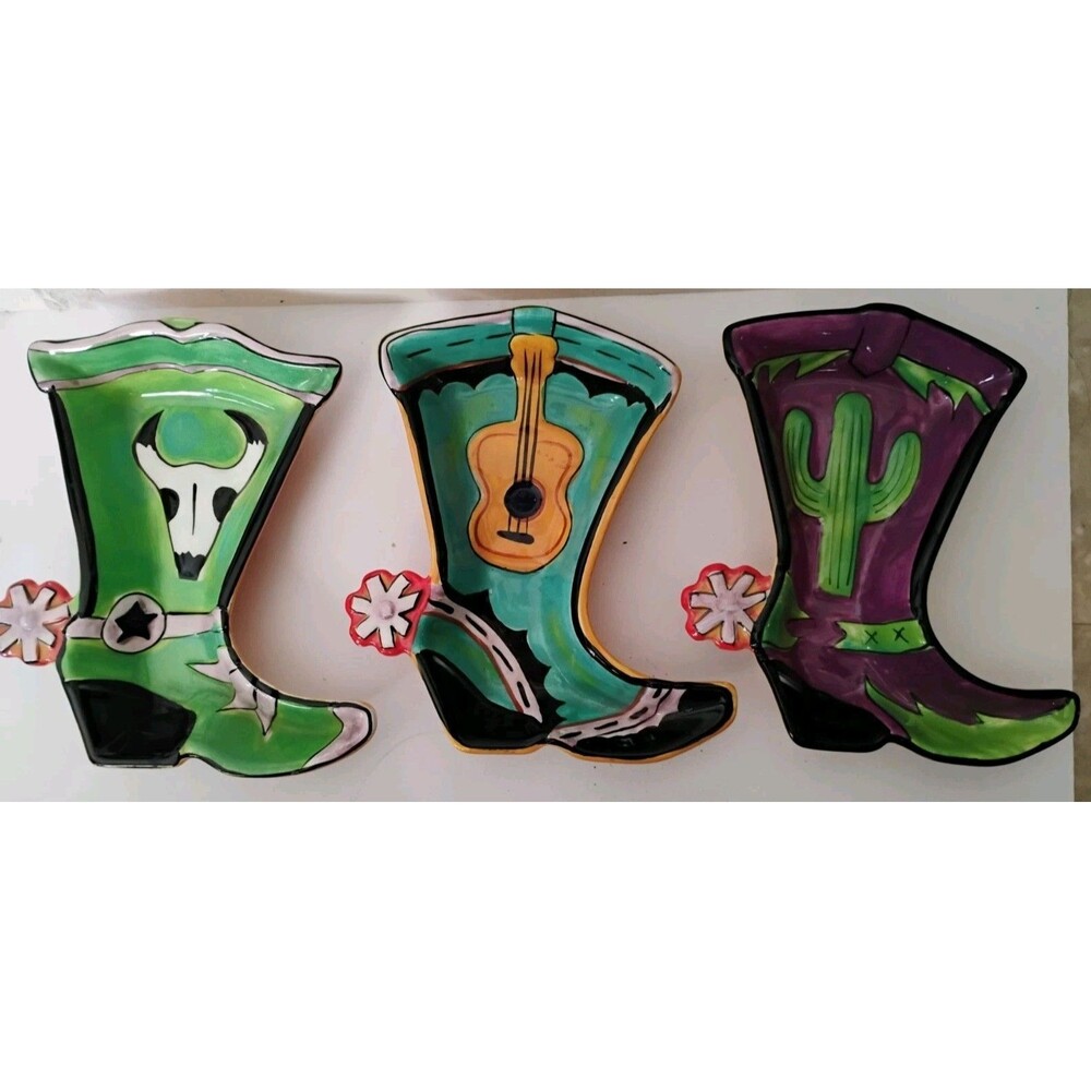 Vtg Clay Art Ceramic Cowboy Boot Trinket Dishes Set of 3 Western Serving Trays